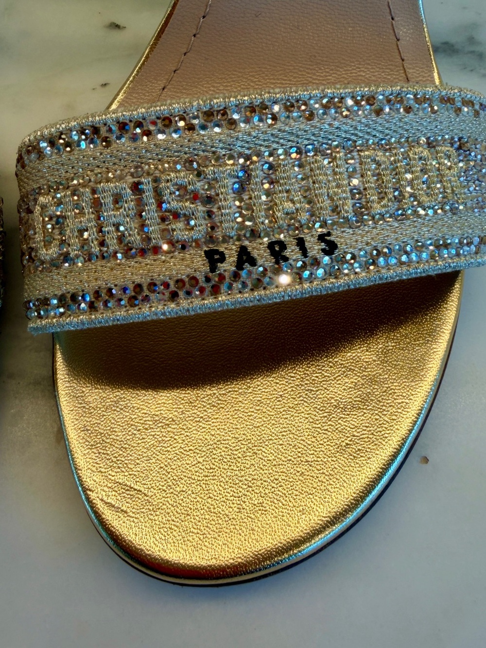 Christian Dior Gold Crystal Embellished Ankle-Strap Sandal. Worn once. - Picture 7 of 16